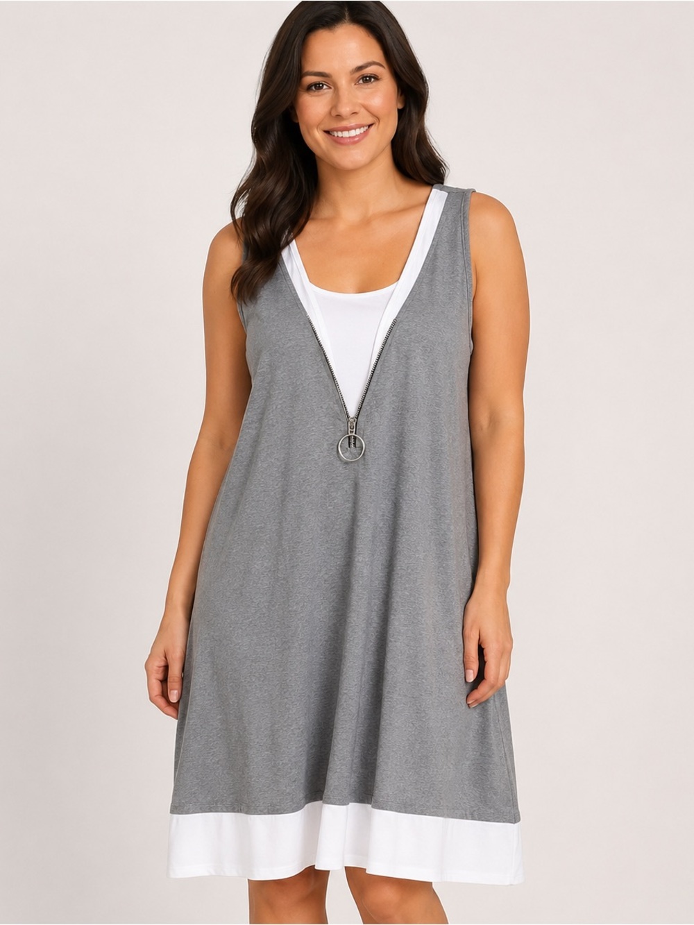 SHEIN Grey Layered Zip Front Sleeveless Dress | White Contrast Hem